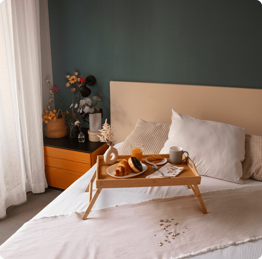 Luxury bedroom with breakfast tray